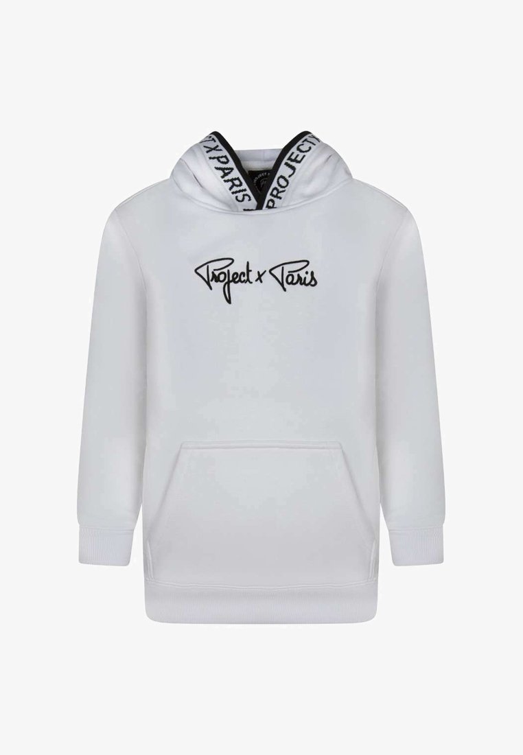 Sweatshirt à capuche blanc avec le logo noir "Project x Paris", poche kangourou et cordon de serrage à motif contrasté au niveau de la capuche.
