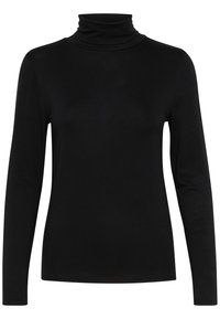 Black long-sleeve turtleneck made of smooth, stretchy fabric. Features a fitted design and a high, rolled collar. No patterns or accents.