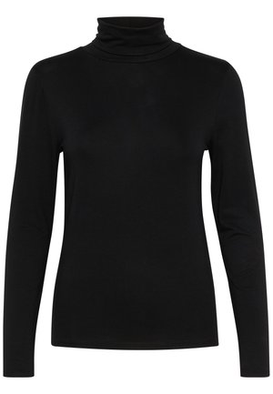 Schwarzes Langarm-Turtleneck aus glattem, dehnbarem Material. Hat ein angepasstes Design und einen hohen, gerollten Kragen. Keine Muster oder Akzente.