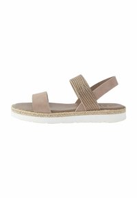Beige mockasinsandaler med två breda remmar, texturerad detalj, naturlig rep-mellansula och vit gummisula. Öppen tå-design.