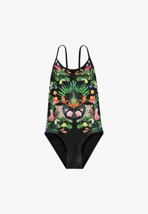 Maillot de bain une pièce noir avec un imprimé tropical vibrant comportant des léopards, des plantes et des fruits. Fines bretelles et découpe haute au niveau des jambes.