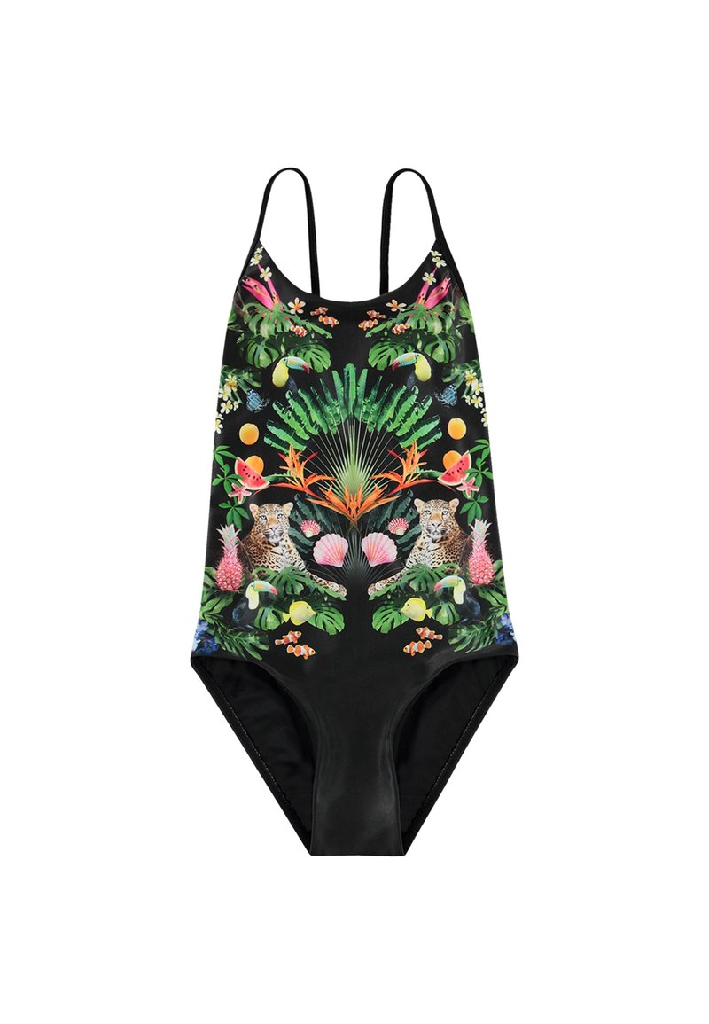 Maillot de bain une pièce noir avec un imprimé tropical vibrant comportant des léopards, des plantes et des fruits. Fines bretelles et découpe haute au niveau des jambes.