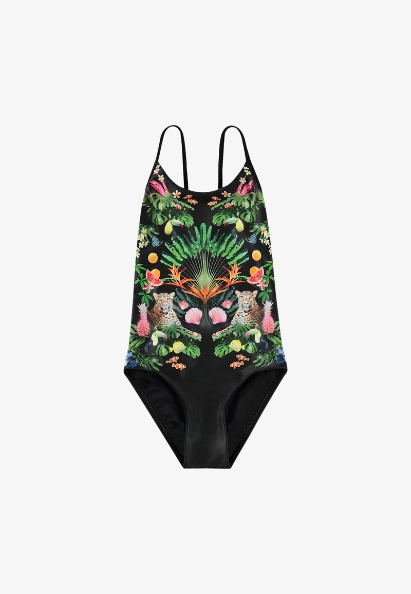 Zwart ééndelig badpak met een levendige tropische print van leuwen, planten en fruit. Dunne bandjes en een hoge beenuitsnede.