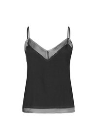 Musta ilman hihoja toppi, jossa on läpinäkyvä V-pääntie ja helma, ohuiden säädettävien olkainten kanssa.