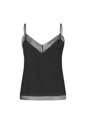 Svart ärmlös linne med genomskinlig V-ringning och nederkant, med tunna justerbara axelband.