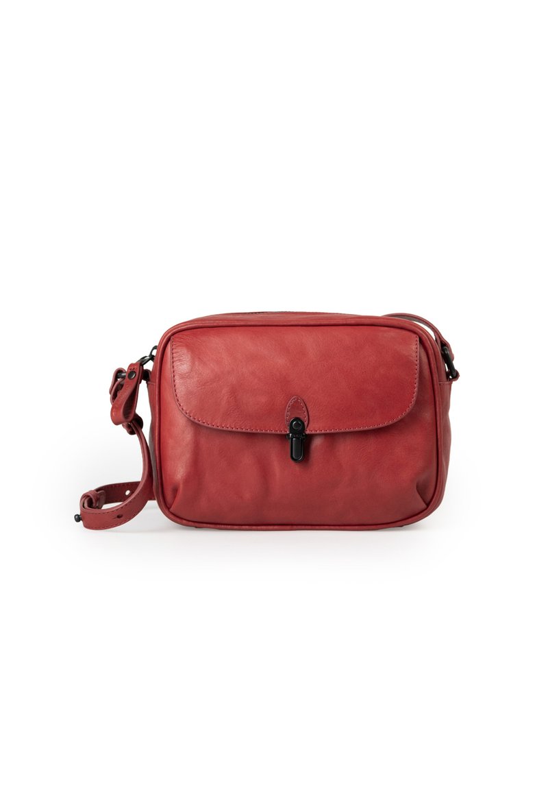 Red leather crossbody bag with a rounded shape, flap front, and black hardware. Features a detachable strap for versatile wear.