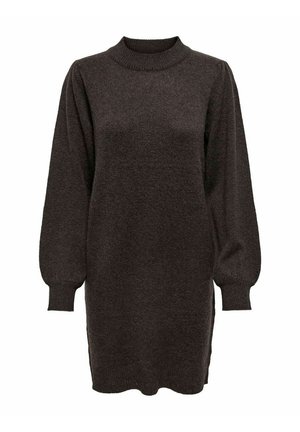 Robe en tricot gris foncé avec de longues manches bouffantes, un col haut et des fentes sur les côtés au niveau de l'ourlet pour plus de liberté de mouvement. Texture douce et design décontracté.