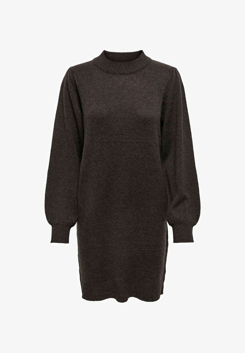 Abito a maglia grigio scuro con maniche lunghe a palloncino, colletto alto e spacchi laterali sull'orlo per facilitare i movimenti. Tessuto morbido e design casual.