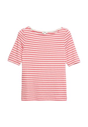 Maglietta a maniche corte rosa e bianca a righe orizzontali con collo rotondo, marchiata s.Oliver, mostrata su sfondo bianco.