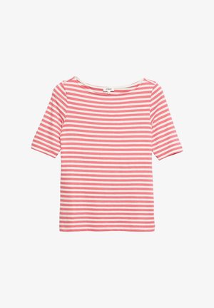 Pink-weiß gestreiftes kurzärmliges Shirt mit rundem Ausschnitt, Marke s.Oliver, vor weißem Hintergrund dargestellt.