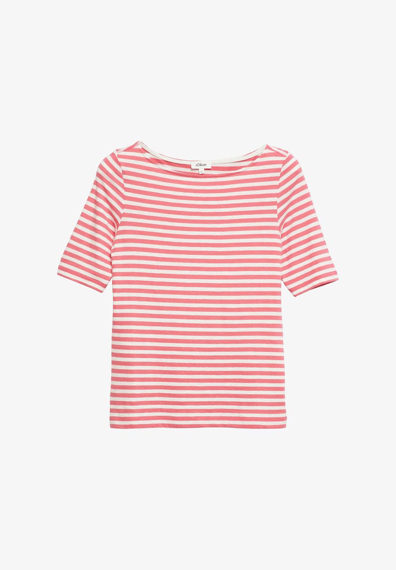T-shirt à manches courtes rayé horizontalement rose et blanc avec un col rond, marque s.Oliver, présenté sur fond blanc.