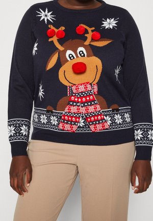 Granatowy sweter z uśmiechniętym reniferem w czerwonym szaliku, z czerwonym nosem z pomponem i porożem, otoczony białymi płatkami śniegu i wzorzystymi mankietami.