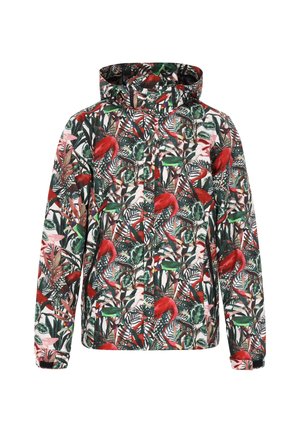 Kukkaistulostetta oleva takki, jossa on huppu ja joka on valmistettu kevyestä kankaasta. Kirkkaat punaiset flamingot vihreiden lehtien joukossa vaalealla taustalla.