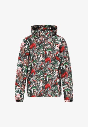 Lillelille floral mustriga jakk, millel on kapuuts, valmistatud kergest kangast. Elavad punased flamingod roheliste lehtede seas heledal taustal.