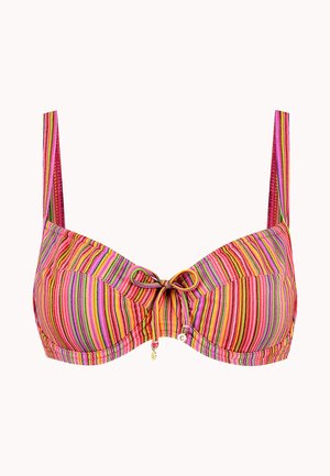 Haut de bikini rayé en rose, orange et vert. Il dispose de bretelles ajustables, d'un nœud à l'avant et de subtils accents en doré.