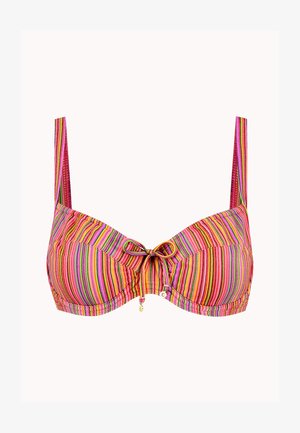 Top de bikini a rayas en rosa, naranja y verde. Presenta tirantes ajustables, un lazo en la parte delantera y sutiles acentos de hardware dorado.