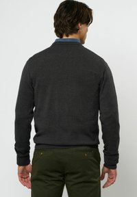 Dunkelgrauer, gestrickter Pullover mit geripptem Rundhalsausschnitt, von hinten gezeigt, kombiniert mit olivgrünen Hosen. Glatte Textur und taillierte Passform.