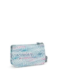 Ritsportemonnee met een blauw en roze palmbladpatroon op een zachte canvasstof. Inclusief een grijze pompon aan de zijkant.