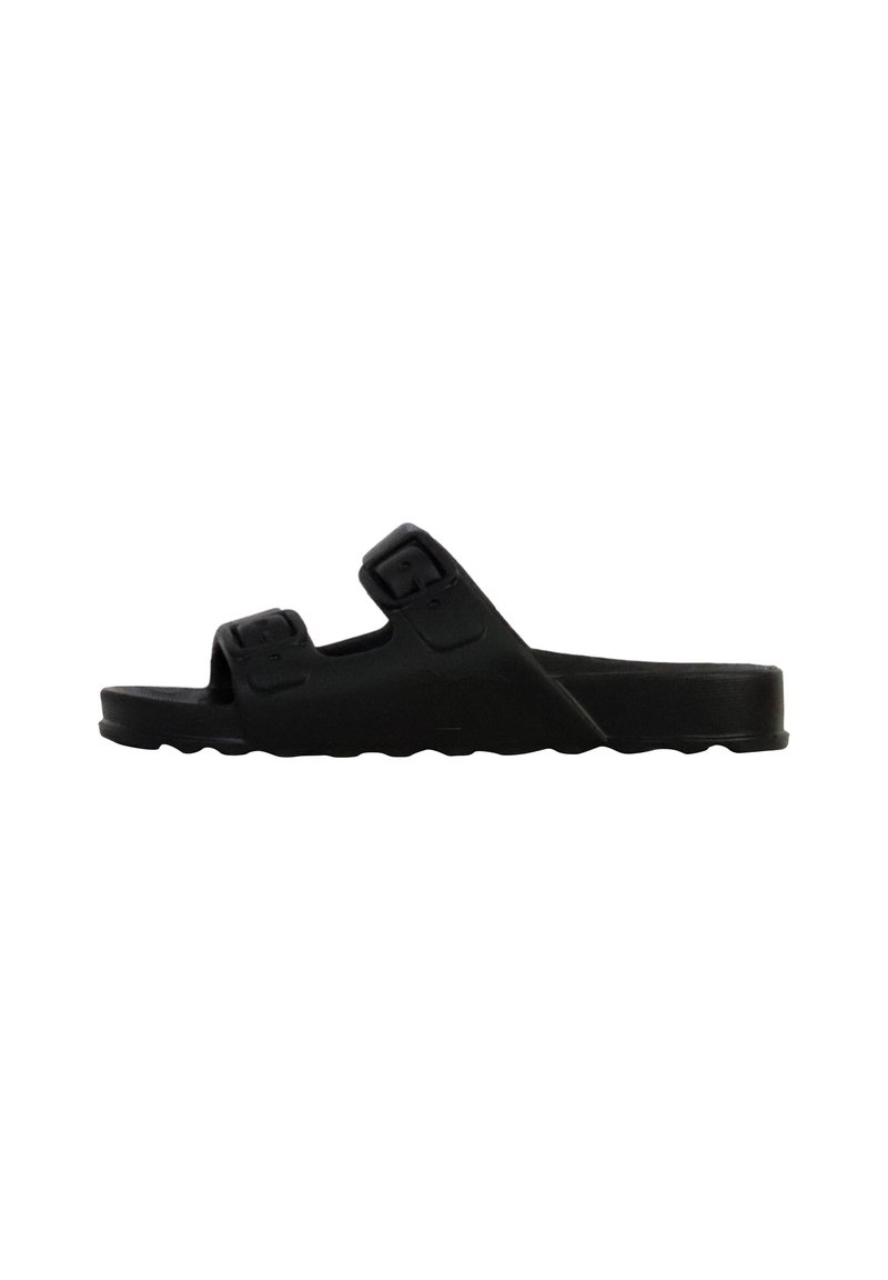Infradito in gomma nera con due cinturini regolabili, suola sagomata e suola testurizzata per una migliore aderenza. Design slip-on, stile minimalista.