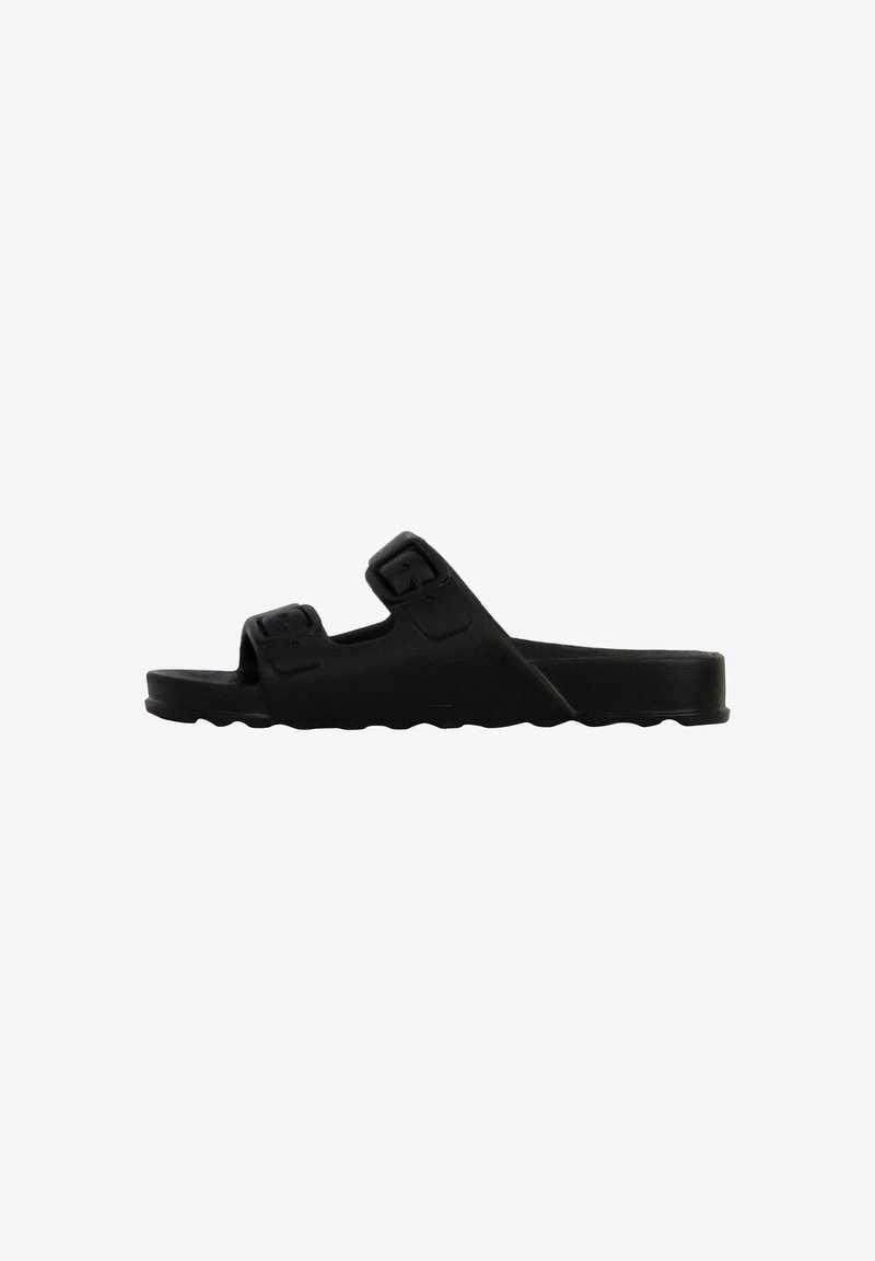 Infradito in gomma nera con due cinturini regolabili, suola sagomata e suola testurizzata per una migliore aderenza. Design slip-on, stile minimalista.
