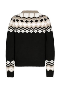 Schwarzer Pullover mit geometrischem Strickmuster in Beige, Weiß und Grau. Verfügt über einen gerippten Kragen, Bündchen und Saum. Strukturierter, warmer Stoff.