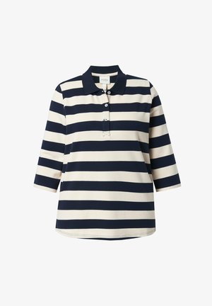 Kurzärmeliges Poloshirt mit marineblauen und weißen horizontalen Streifen und drei Knöpfen am Kragen.