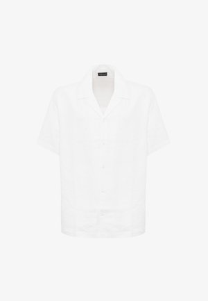 Camicia a maniche corte e bottoni in lino bianco. Presenta un colletto classico, una leggera texture e una vestibilità rilassata. Nessun motivo o accento notevole.