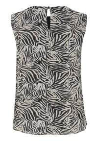 Top sans manches en tissu léger avec un motif zèbre noir et blanc, présentant un dos en forme de clé et un ourlet arrondi.