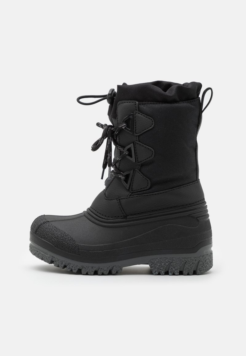 Botte d’hiver noire avec semelle épaisse en caoutchouc, lacets à l’avant, dessus rembourré et fermeture par cordon en haut pour la protection contre le froid.