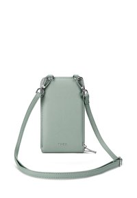 Green faux leather crossbody bag with silver hardware, rectangular shape, flat design, and embossed logo at the front.
