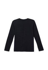 Zwart long-sleeve top van zachte stof met een ronde halslijn. Heeft een rechte snit en minimale stikseldetails langs de achterkant.