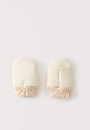 Paire de moufles pour bébé couleur crème avec des poignets tricotés beige, affichées à plat sur fond blanc.