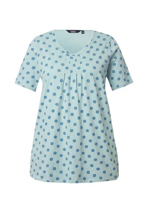Helles blaues Kurzarmoberteil mit V-Ausschnitt, gefältelten Details und einem geometrischen Blumenmuster in Marineblau. Weiches, strukturiertes Material.
