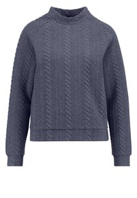 Suéter texturizado azul marino con un cuello alto, mangas largas tipo raglán y un dobladillo corto. Presenta un patrón de punto de cable en todo su diseño.