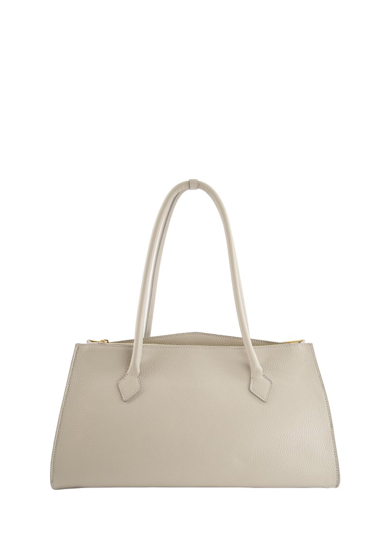 Helle graue Lederhandtasche mit zwei langen Tragegriffen, rechteckiger Form, glatter Textur und goldenen Hardware-Akzenten. Reißverschlussverschluss oben.