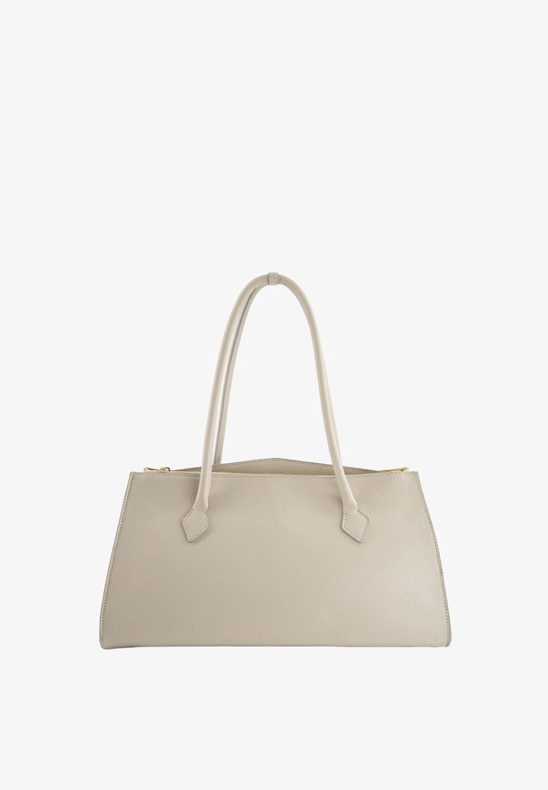 Sac à main en cuir gris clair avec deux longues anses, forme rectangulaire, texture lisse et accents en métal doré. Fermeture éclair en haut.