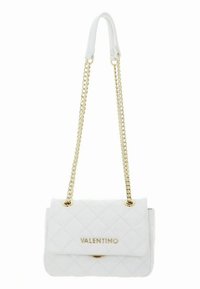 Bela prešita usnjena torbica z zlatim kovinskim trakom. Spredaj ima magnetno zaponko in vtisnjen napis "VALENTINO".