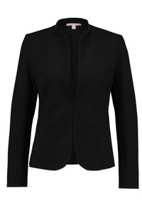 Blazer noir ajusté pour femmes avec manches longues, devant ouvert, tissu légèrement texturé et deux poches avant.