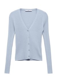 Cárdigan de rayas azul claro con cuello en V, mangas largas y seis botones en la parte delantera. Textura suave y diseño ajustado.