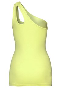 Keltas olkapäähullun toppi, joka on valmistettu venyvästä materiaalista, ja siinä on tiukka muotoilu ja sileä pinta, puhtaat helmat ilman lisäyksityiskohtia.