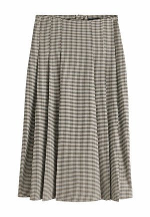 Jupe plissée mi-longue avec motif pied-de-poule noir et blanc, taille haute et tissu structuré.
