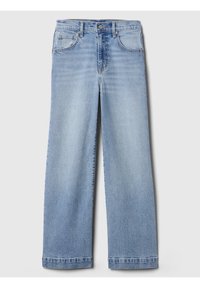 Jeans en denim bleu clair avec une coupe ample et droite. Caractéristiques : cinq poches, fermeture avant par bouton, et texture de tissu délavé.