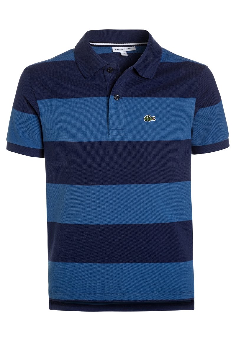 Polohemd aus strukturiertem Baumwollstoff, mit dunkelblauen und hellblauen horizontalen Streifen, zwei Knöpfen an der Leiste und einem kleinen grünen Logo auf der Brust.