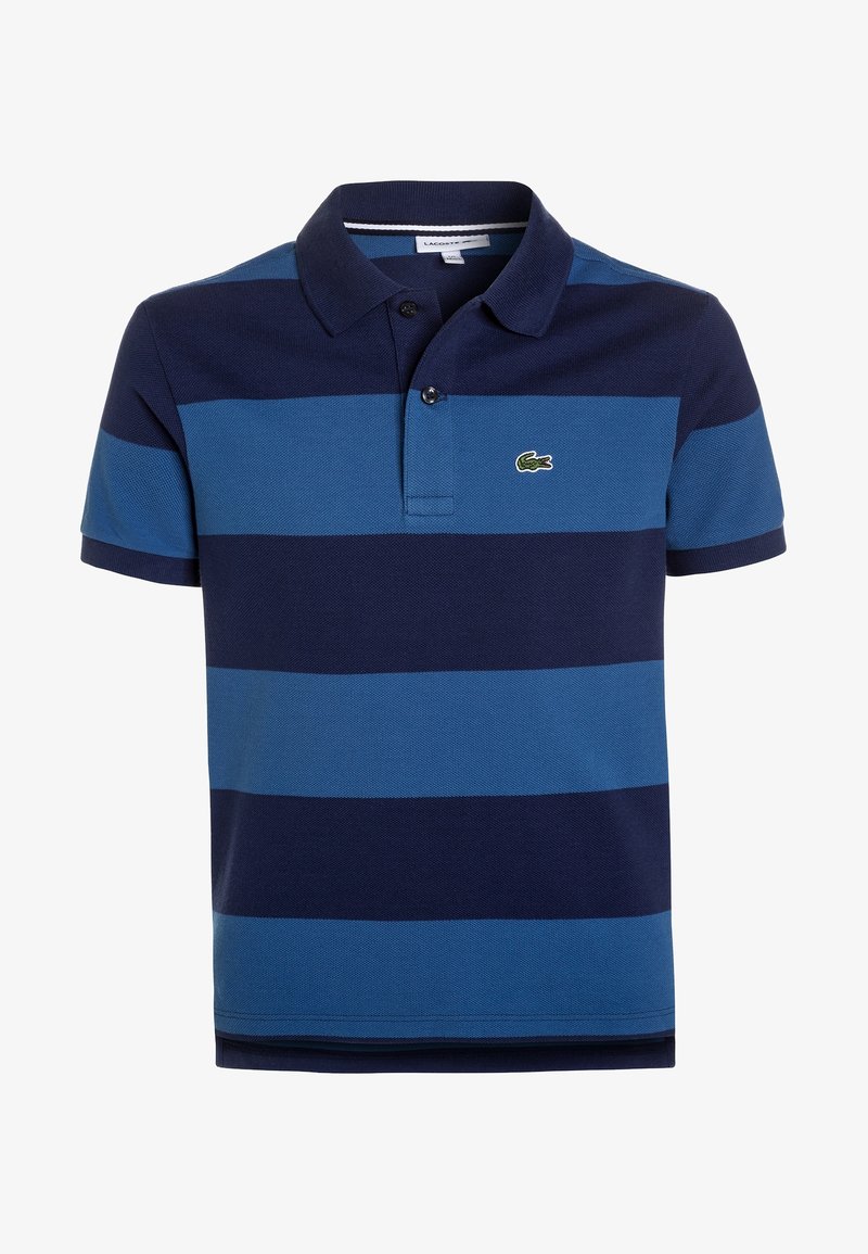 Polohemd aus strukturiertem Baumwollstoff, mit dunkelblauen und hellblauen horizontalen Streifen, zwei Knöpfen an der Leiste und einem kleinen grünen Logo auf der Brust.