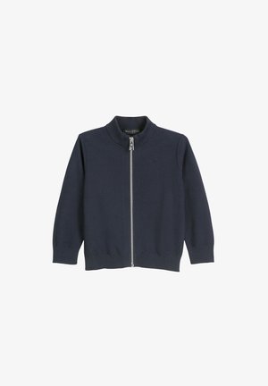 Cardigan lavorato a maglia blu navy con colletto alto, zip completa, maniche lunghe e polsini e orlo a costine. Presenta un logo discreto sul petto.
