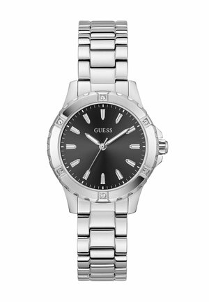 Montre en acier inoxydable argenté avec un cadran rond noir, des index argentés et des accents en cristal sur la lunette. Design de bracelet à maillons.