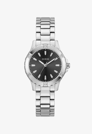 Silver stainless steel watch with a round black dial, silver hour markers, and crystal accents on the bezel. Link bracelet design.