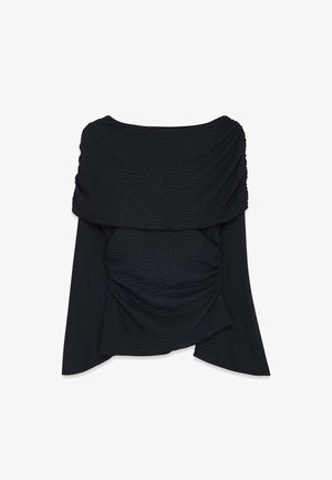 Top nero e tessurizzato con scollo drappeggiato, maniche lunghe e dettagli arricciati sul davanti. Tessuto morbido con un motivo sottile.