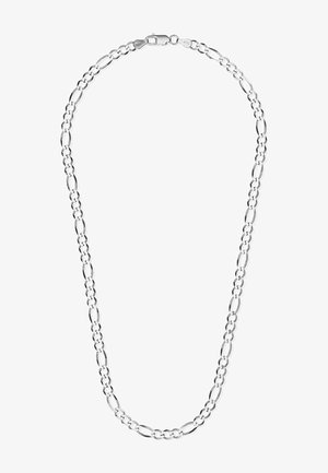 Sølv kædedesign med skiftevis ovale og runde led, der har en glat overflade og en sikker lukning.