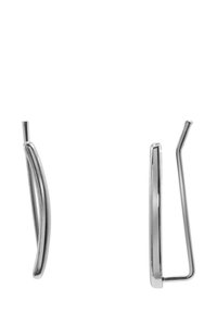 Orecchini in metallo argento con forme curve e ganci allungati. Superficie liscia e lucida con un design minimalista e senza abbellimenti visibili.
